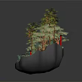 Cartoon Scenery of Floating Island With Torii Gate Red Stairs Green Trees and Lanterns
