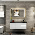 Modern Bathroom Vanity With Double Sinks Backlit Mirror And Gray Stone Wall