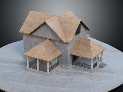 Two Story Detached Villa With Brown Roof Gray Exterior And Porch Columns 3d model