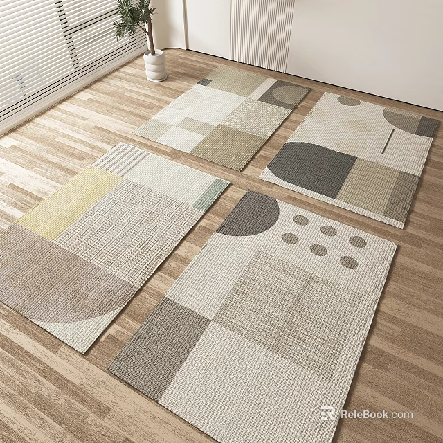 Elegant Modern Square Rugs With Neutral Geometric Patterns On Wooden Floor 3d model 