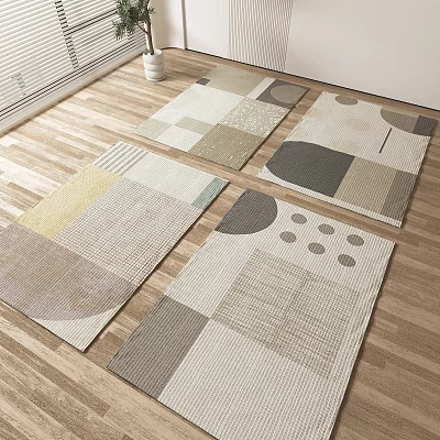 Elegant Modern Square Rugs With Neutral Geometric Patterns On Wooden Floor 3d model