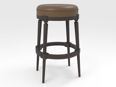 Modern Bar Stool With Brown Leather Seat Black Wooden Legs And Round Footrest 3d model
