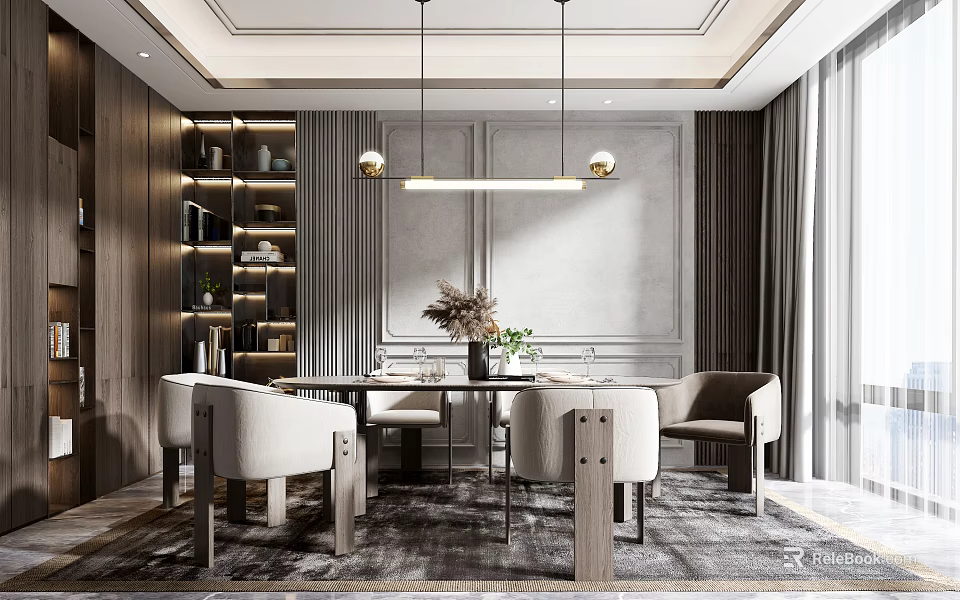 Elegant Modern Restaurant Interior With Dining Table Chairs Pendant Lights Green Plants And Gray Curtains 3d model 
