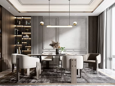 Elegant Modern Restaurant Interior With Dining Table Chairs Pendant Lights Green Plants And Gray Curtains 3d model