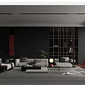 Modern Living Room Interior Design With Black Walls Red Accent Sofa And Green Plant