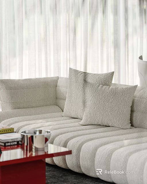 Beige Striped Sofa and Coffee Table Set with Throw Pillows Books and Metal Container 3d model 