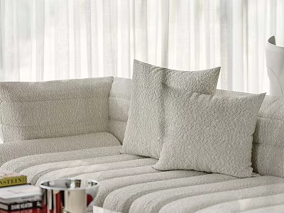 Beige Striped Sofa and Coffee Table Set with Throw Pillows Books and Metal Container 3d model