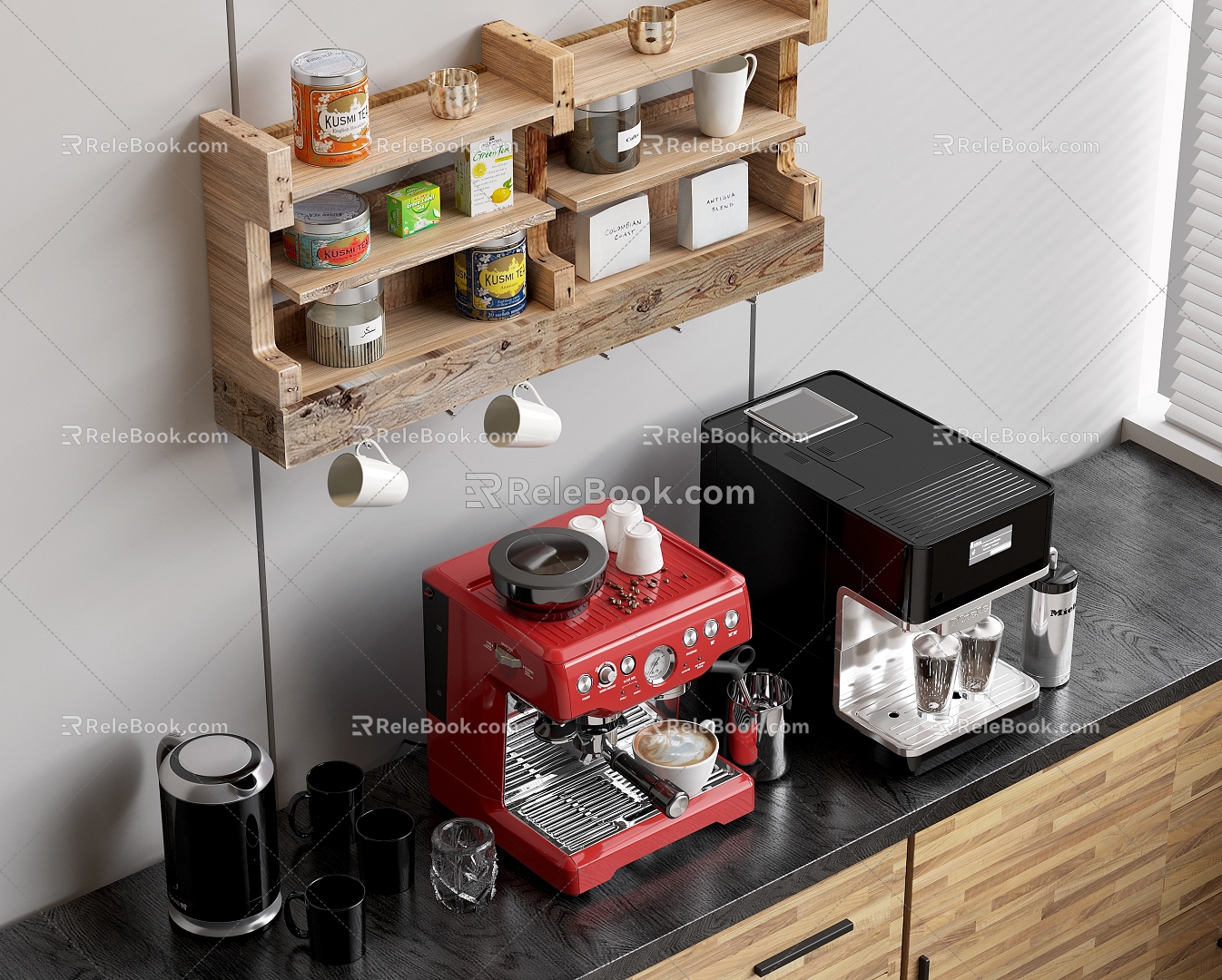 Coffee Machine Bean Grinder Straight Drink Machine Pot Kettle Cup Coffee Cup Coffee Bean Tea Bag Kitchen Supplies Solid Wood Cabinet Solid Wood Storage Rack 3d model