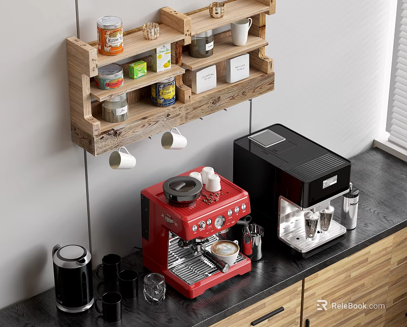 Stylish Kitchen Countertop Featuring Red Coffee Machine Black Appliances Wooden Shelf And Supplies 3d model 