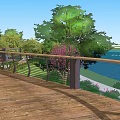 Waterfront Landscape with Wooden Walkway Curved Railings Lush Trees and Flowering Plants