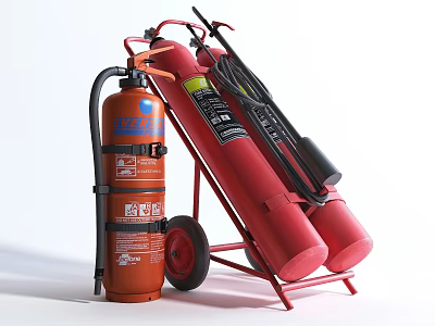 Red Fire Extinguishers On Wheel Cart Essential Fire Safety Equipment For Emergency 3d model