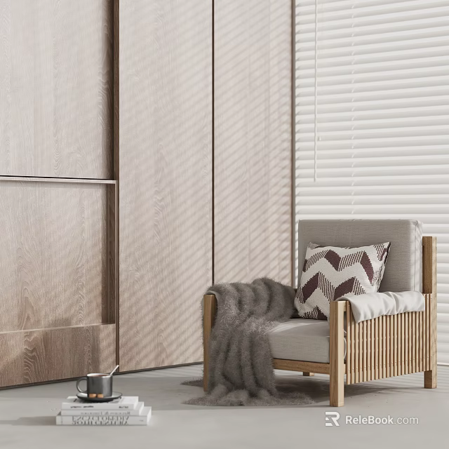 Cozy Single Sofa Interior With Wooden Frame Geometric Pillow And Gray Blanket 3d model 