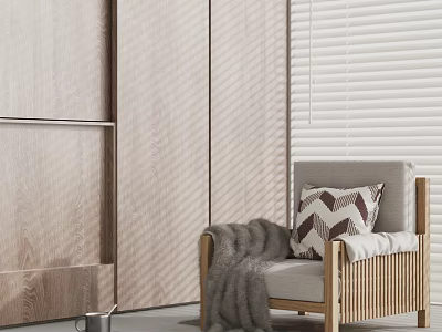 Cozy Single Sofa Interior With Wooden Frame Geometric Pillow And Gray Blanket 3d model