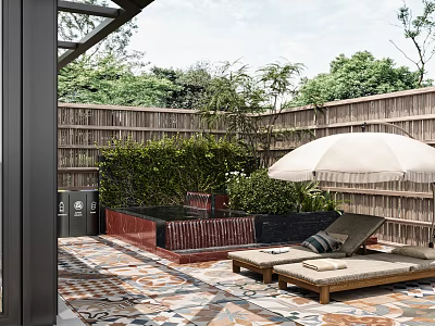 Tranquil Courtyard Garden with Bamboo Fence Loungers White Parasol Colorful Tiled Floor and Green Plants 3d model