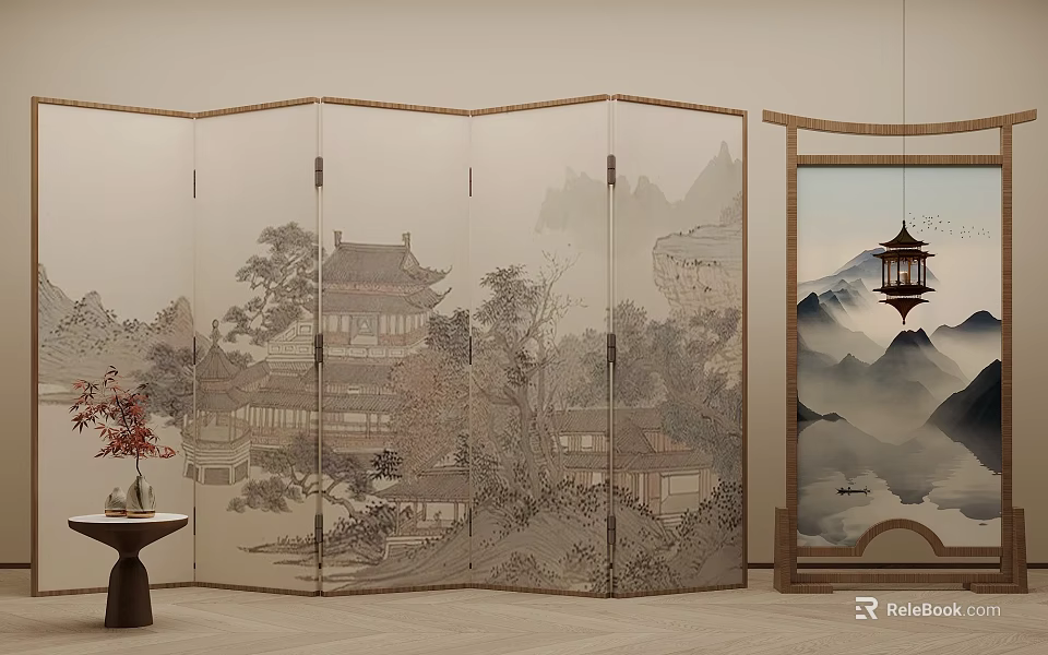Traditional Chinese Screen With Landscape Painting And Wooden Frame Decorated By Vase And Lantern 3d model 