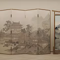 Traditional Chinese Screen With Landscape Painting And Wooden Frame Decorated By Vase And Lantern
