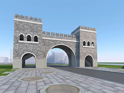 Stone Entrance Gate with Towers Arches and Battlements in Front of Plaza Modern Background 3d model