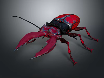 Red Insect Creature With Large Sharp Pincers And Black Red Exoskeleton On Dark Background 3d model