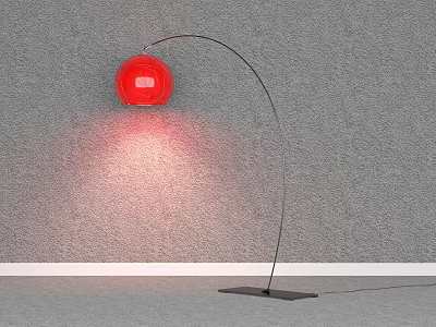 Lit Red Spherical Floor Lamp With Curved Pole On Gray Wall 3d model