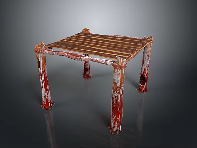 Rustic Wooden Slatted Table With Red Painted Worn Legs And Distressed Finish 3d model
