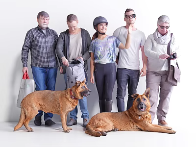 Group of People Standing with Two Dogs on White Background 3d model
