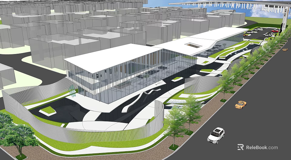 Modern Sales Office Building with Glass Roof Landscaped Pathways and Urban Road with Cars 3d model