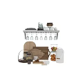 Stylish Kitchenware Setup with Hanging Glass Rack Wooden Cutting Boards Fruit and Storage Jars