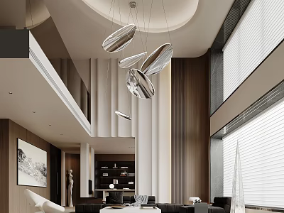 Modern Elegant Living Room With Pendant Lights Large Windows Sofa Decorative Painting And Bookshelf 3d model