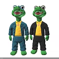 Green Plush Crocodile Dolls with Blue Black Jackets Yellow Shirts and Pendants on Gray Background
