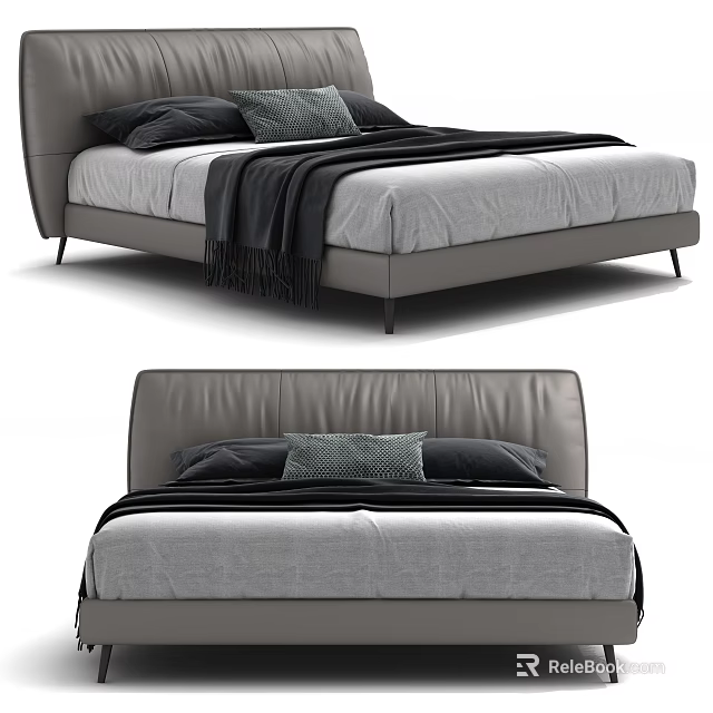 Modern Double Bed With Leather Headboard Gray Bedding And Black Blanket Pillows 3d model