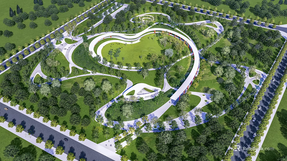 Scenic Park Landscape With Winding Paths Lush Green Lawns And Trees 3d model 