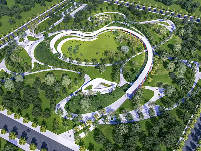 Scenic Park Landscape With Winding Paths Lush Green Lawns And Trees 3d model