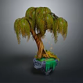 Cartoon Willow Tree Scene Featuring Brown Trunk Green Hanging Leaves Rock Base And Yellow Flowers