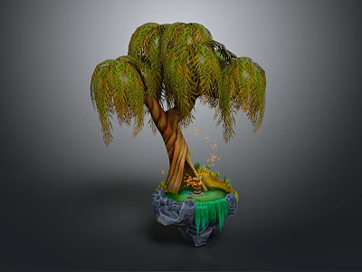 Cartoon Willow Tree Scene Featuring Brown Trunk Green Hanging Leaves Rock Base And Yellow Flowers 3d model