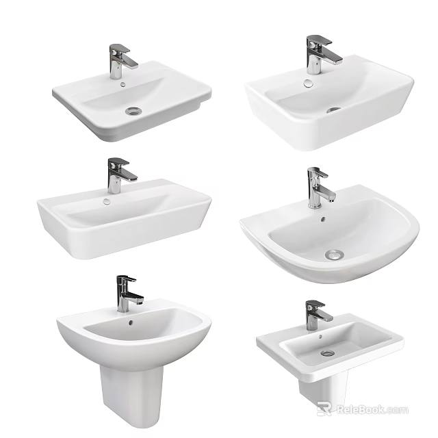 Modern Bathroom Ceramic Sinks With Various Styles And Chrome Faucet Designs 3d model 
