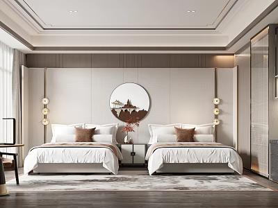 Modern Hotel Guest Room With Twin Beds Decorative Wall Art Bedside Lamps And Area Rug 3d model