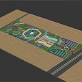Cartoon Style Public Area Layout Scene with Green Lawns Blue Water Buildings and Roads