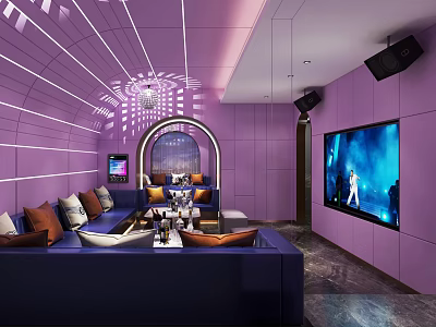 Stylish KTV Lounge With Purple Walls Large Screen TV Speakers And Cozy Seating 3d model