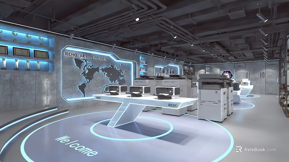 Tech Inspired Exhibition Hall With World Map Display Screens Printers And Welcome Sign 3d model 