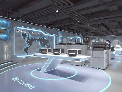 Tech Inspired Exhibition Hall With World Map Display Screens Printers And Welcome Sign 3d model