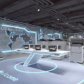 Tech Inspired Exhibition Hall With World Map Display Screens Printers And Welcome Sign