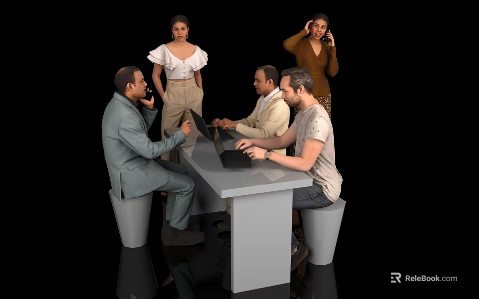 Diverse Group of People Collaborating at Modern Work Table With Laptops and Files 3d model 