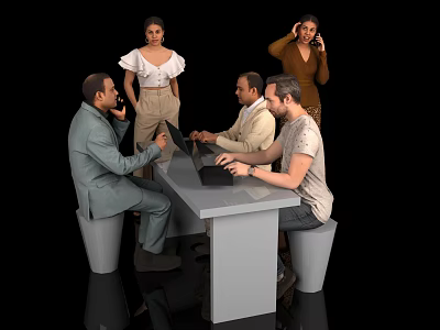 Diverse Group of People Collaborating at Modern Work Table With Laptops and Files 3d model