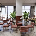 Modern Restaurant Interior With Pink Chairs Green Plants And Pendant Lights