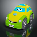Kids Yellow And Green Toy Car With Big Eyes Smiling Face Cartoon Style