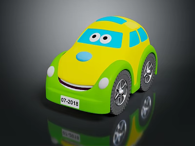 Kids Yellow And Green Toy Car With Big Eyes Smiling Face Cartoon Style 3d model