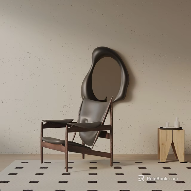 Modern Leather Upholstered Leisure Chair With Wooden Frame And Irregular Mirror On Light Wall 3d model 