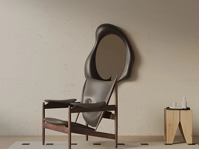 Modern Leather Upholstered Leisure Chair With Wooden Frame And Irregular Mirror On Light Wall 3d model