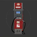 Red And Gray Fuel Dispenser At Gas Station With Display Screen And Nozzle