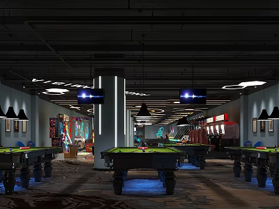 Spacious Modern Billiard Room With Multiple Green Felt Tables Hanging Pendant Lights And Decorative Art 3d model